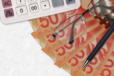 50 Canadian dollars bills fan and calculator with glasses and pen for line 15000 tax return. Business loan or tax payment season concept. Financial planning